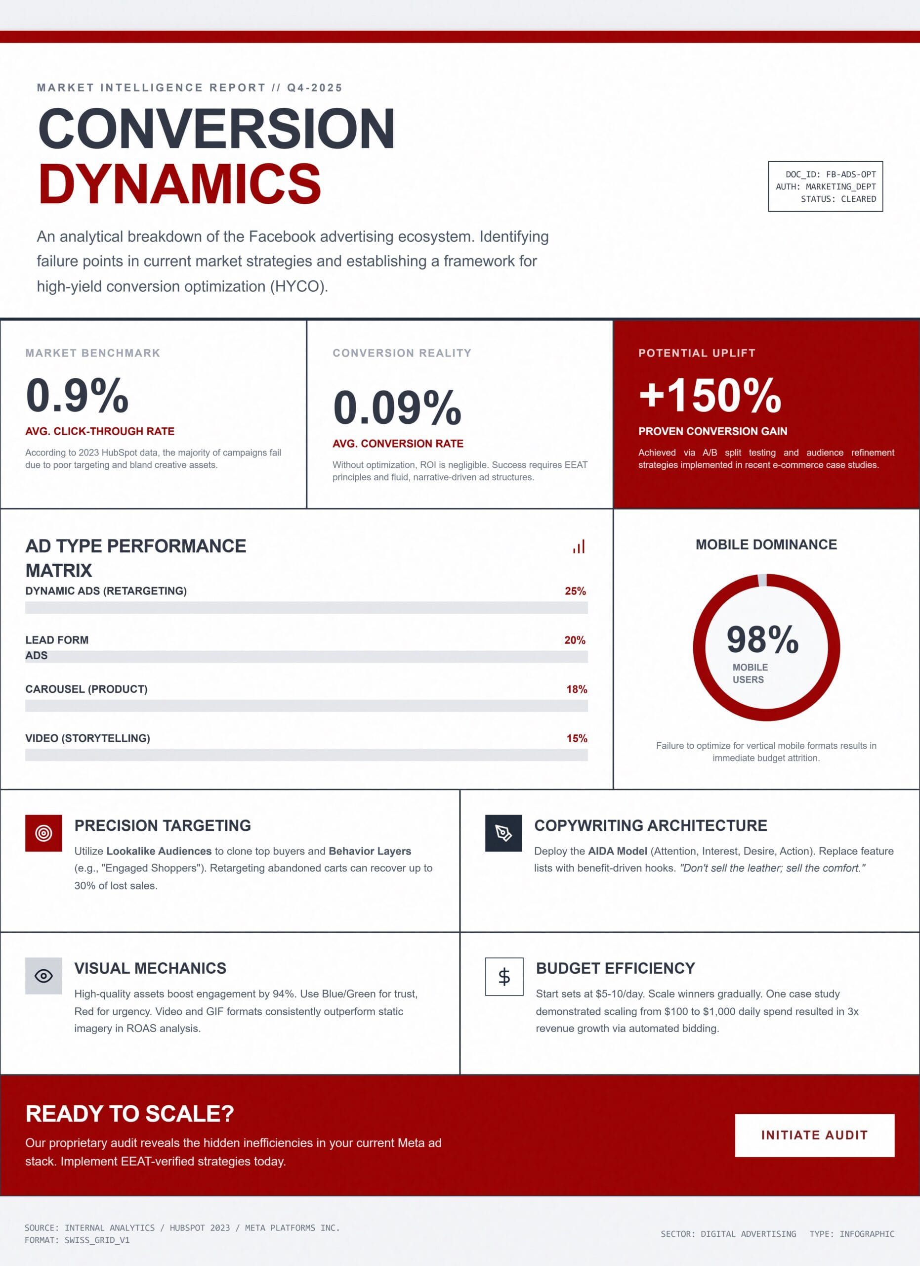 Vertical infographic dashboard titled "Conversion Dynamics" visualizing high-performance Facebook ad strategies for 2025. The graphic contrasts industry benchmarks (0.9% avg CTR) against a potential 150% conversion uplift achievable via A/B testing. It features a bar chart comparing ad type conversion rates: Dynamic Ads (25%), Lead Form Ads (20%), Carousel Ads (18%), and Video Ads (15%). The layout highlights mobile dominance (98% usage) and details four key pillars: Precision Targeting, Copywriting Architecture, Visual Mechanics, and Budget Efficiency. Designed in a professional crimson and slate Swiss-grid style